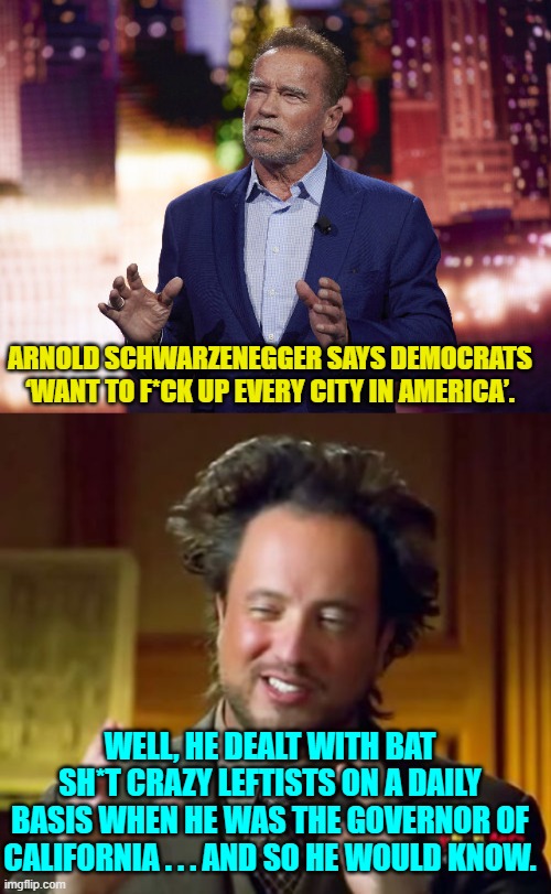 He definitely would be the expert in this regard. | ARNOLD SCHWARZENEGGER SAYS DEMOCRATS ‘WANT TO F*CK UP EVERY CITY IN AMERICA’. WELL, HE DEALT WITH BAT SH*T CRAZY LEFTISTS ON A DAILY BASIS WHEN HE WAS THE GOVERNOR OF CALIFORNIA . . . AND SO HE WOULD KNOW. | image tagged in yep | made w/ Imgflip meme maker
