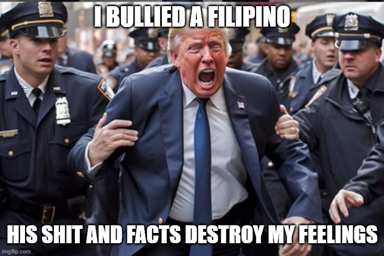 . | I BULLIED A FILIPINO; HIS SHIT AND FACTS DESTROY MY FEELINGS | image tagged in crying trump arrested,filipino,arrested snowflake,pro-fandom | made w/ Imgflip meme maker