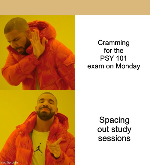 Drake Hotline Bling Meme | Cramming for the PSY 101 exam on Monday; Spacing out study sessions | image tagged in memes,drake hotline bling | made w/ Imgflip meme maker