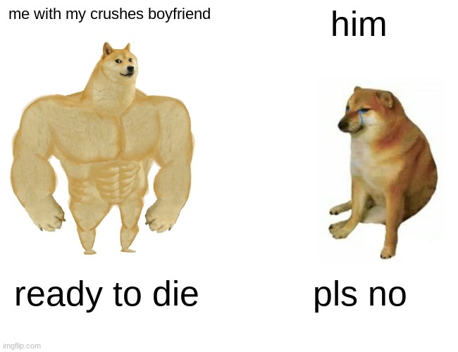 Buff Doge vs. Cheems | me with my crushes boyfriend; him; ready to die; pls no | image tagged in memes,buff doge vs cheems | made w/ Imgflip meme maker