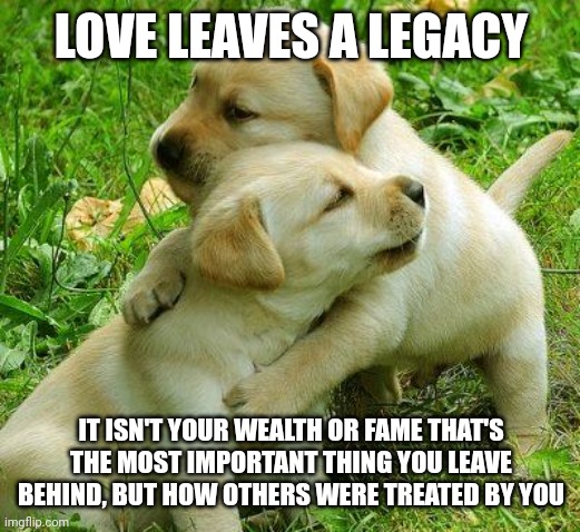 Puppy I love bro | LOVE LEAVES A LEGACY; IT ISN'T YOUR WEALTH OR FAME THAT'S THE MOST IMPORTANT THING YOU LEAVE BEHIND, BUT HOW OTHERS WERE TREATED BY YOU | image tagged in faithgarden,adonai,bezek,judges 1 | made w/ Imgflip meme maker