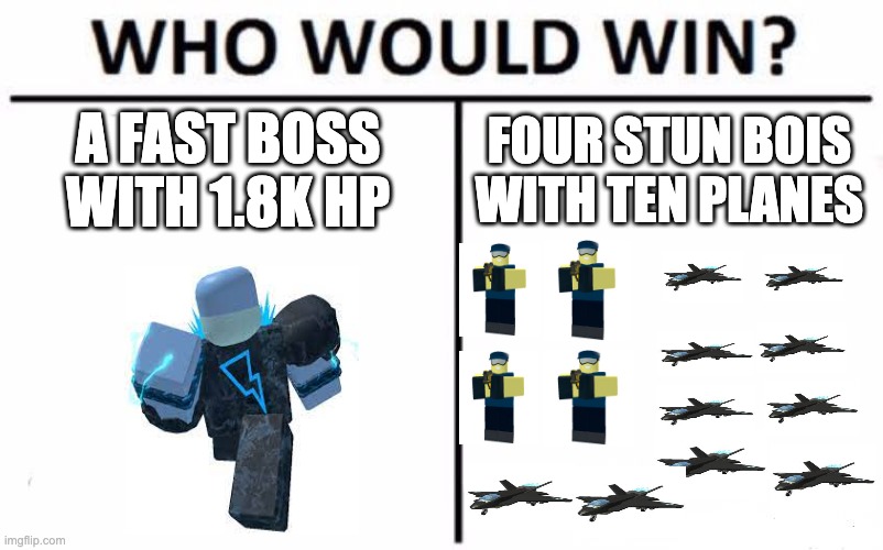 Who Would Win? Meme | FOUR STUN BOIS WITH TEN PLANES; A FAST BOSS WITH 1.8K HP | image tagged in memes,who would win,tds,speedy boss,electroshocker,ace pilot | made w/ Imgflip meme maker