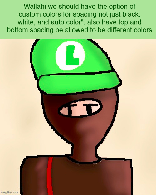 In Sha Allah, i hope devs add this | Wallahi we should have the option of custom colors for spacing not just black, white, and auto color". also have top and bottom spacing be allowed to be different colors | image tagged in luigichad oc drawn | made w/ Imgflip meme maker