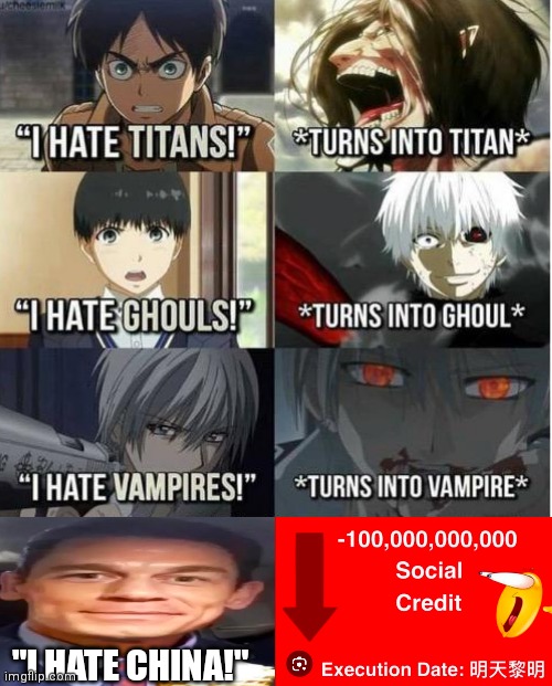 Social Credit -1000000000 | "I HATE CHINA!" | image tagged in i hate x,i hate titans,china,bing chilling,social credit,funny | made w/ Imgflip meme maker