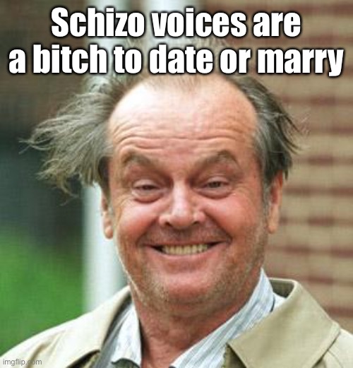 Jack Nicholson Crazy Hair | Schizo voices are a bitch to date or marry | image tagged in jack nicholson crazy hair | made w/ Imgflip meme maker