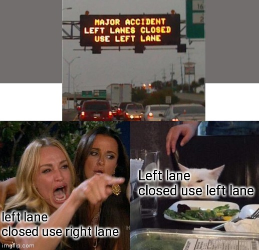 Woman Yelling At Cat Meme | Left lane closed use left lane; left lane closed use right lane | image tagged in memes,woman yelling at cat,meow | made w/ Imgflip meme maker
