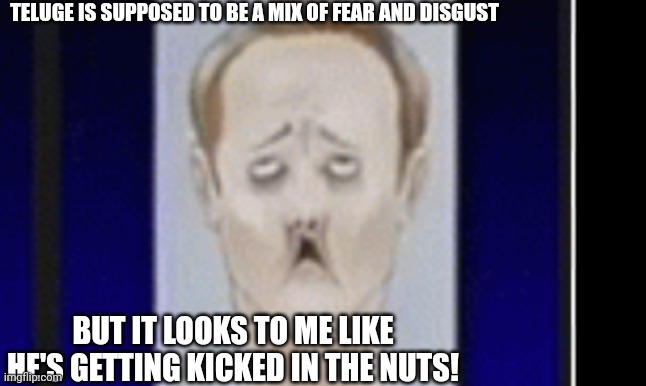 TELUGE IS SUPPOSED TO BE A MIX OF FEAR AND DISGUST; BUT IT LOOKS TO ME LIKE HE'S GETTING KICKED IN THE NUTS! | image tagged in memes | made w/ Imgflip meme maker