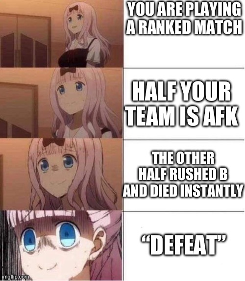 world of tanks moment | YOU ARE PLAYING A RANKED MATCH; HALF YOUR TEAM IS AFK; THE OTHER HALF RUSHED B AND DIED INSTANTLY; “DEFEAT” | image tagged in rising panic,world of tanks | made w/ Imgflip meme maker