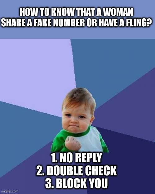 fling | HOW TO KNOW THAT A WOMAN SHARE A FAKE NUMBER OR HAVE A FLING? 1. NO REPLY 
2. DOUBLE CHECK 
3. BLOCK YOU | image tagged in memes,success kid | made w/ Imgflip meme maker
