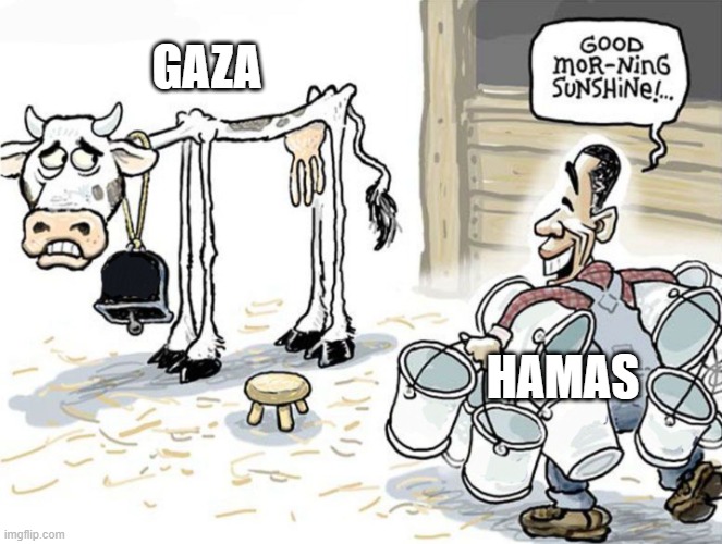 hamas milking gaza | GAZA; HAMAS | image tagged in milking the cow,israel,palestine | made w/ Imgflip meme maker
