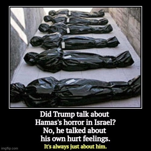 Grievances, grudges, feuds, insults, trivial petty selfishness. | Did Trump talk about 
Hamas's horror in Israel?
No, he talked about 
his own hurt feelings. | It's always just about him. | image tagged in funny,demotivationals,hamas,israel,horror,trump | made w/ Imgflip demotivational maker