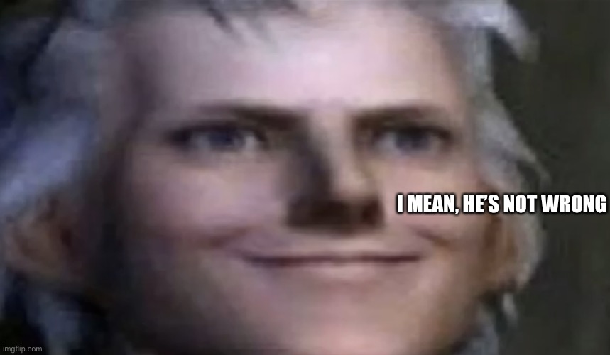 Smiling Vergil | I MEAN, HE’S NOT WRONG | image tagged in smiling vergil | made w/ Imgflip meme maker