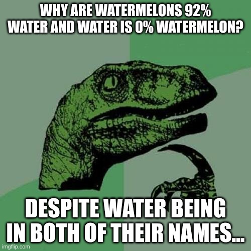 It might of sounded better in my head, but whatever! | WHY ARE WATERMELONS 92% WATER AND WATER IS 0% WATERMELON? DESPITE WATER BEING IN BOTH OF THEIR NAMES... | image tagged in memes,philosoraptor,meh,water,watermelon | made w/ Imgflip meme maker