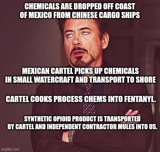 Robert Downey Jr Annoyed | CHEMICALS ARE DROPPED OFF COAST OF MEXICO FROM CHINESE CARGO SHIPS MEXICAN CARTEL PICKS UP CHEMICALS IN SMALL WATERCRAFT AND TRANSPORT TO SH | image tagged in robert downey jr annoyed | made w/ Imgflip meme maker