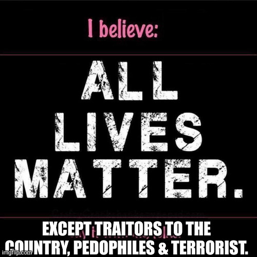 All LIVES MATTER | EXCEPT TRAITORS TO THE COUNTRY, PEDOPHILES & TERRORIST. | image tagged in all lives matter | made w/ Imgflip meme maker