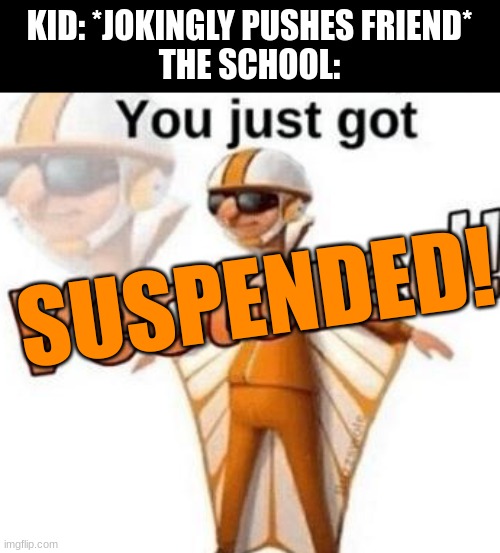 lol | KID: *JOKINGLY PUSHES FRIEND*
THE SCHOOL:; SUSPENDED! | image tagged in you just got vectored | made w/ Imgflip meme maker