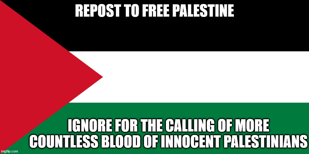 Free Palestine | REPOST TO FREE PALESTINE; IGNORE FOR THE CALLING OF MORE COUNTLESS BLOOD OF INNOCENT PALESTINIANS | image tagged in palestine | made w/ Imgflip meme maker