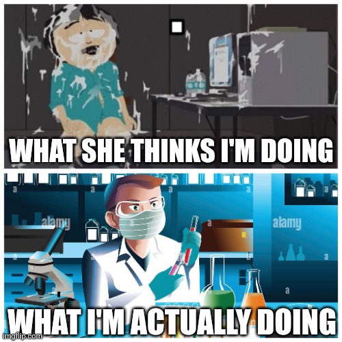 Lab | WHAT SHE THINKS I'M DOING; WHAT I'M ACTUALLY DOING | image tagged in science | made w/ Imgflip meme maker