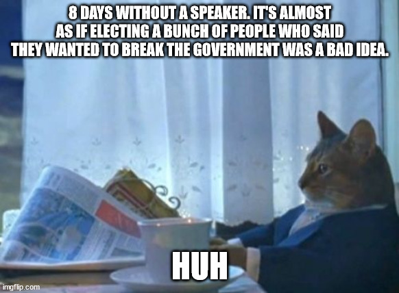 I Should Buy A Boat Cat Meme | 8 DAYS WITHOUT A SPEAKER. IT'S ALMOST AS IF ELECTING A BUNCH OF PEOPLE WHO SAID THEY WANTED TO BREAK THE GOVERNMENT WAS A BAD IDEA. HUH | image tagged in memes,i should buy a boat cat | made w/ Imgflip meme maker