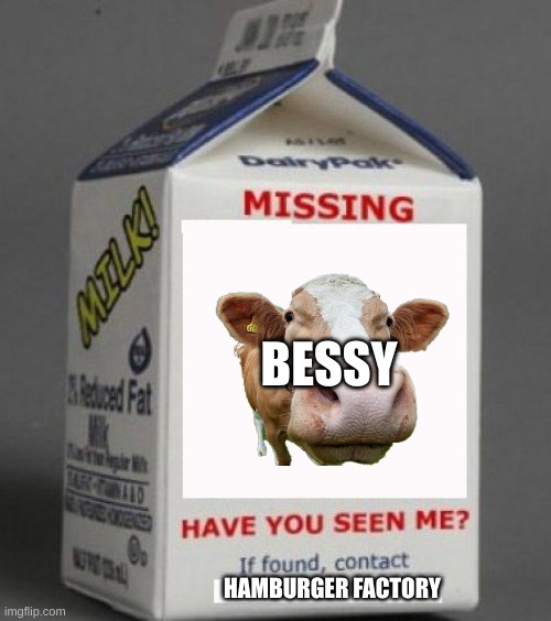 Milk carton | BESSY; HAMBURGER FACTORY | image tagged in milk carton | made w/ Imgflip meme maker