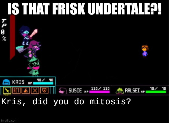 Kris Delema | IS THAT FRISK UNDERTALE?! Kris, did you do mitosis? | image tagged in blank deltarune battle | made w/ Imgflip meme maker