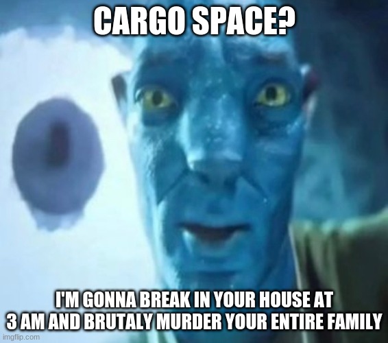 avatar guy | CARGO SPACE? I'M GONNA BREAK IN YOUR HOUSE AT 3 AM AND BRUTALY MURDER YOUR ENTIRE FAMILY | image tagged in avatar guy,memes,funny,real | made w/ Imgflip meme maker