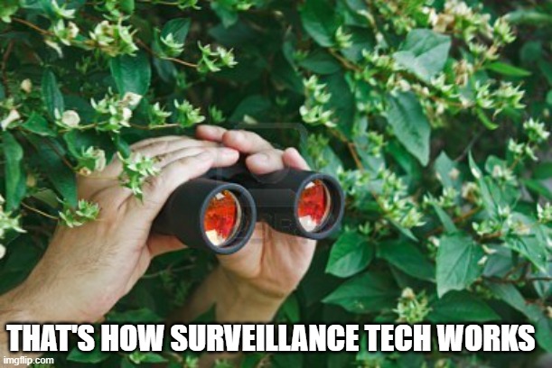 Creepy Guy in the bushes with Binoculars  | THAT'S HOW SURVEILLANCE TECH WORKS | image tagged in creepy guy in the bushes with binoculars | made w/ Imgflip meme maker