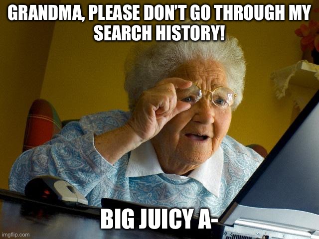Grandma Finds The Internet Meme | GRANDMA, PLEASE DON’T GO THROUGH MY
SEARCH HISTORY! BIG JUICY A- | image tagged in memes,grandma finds the internet | made w/ Imgflip meme maker