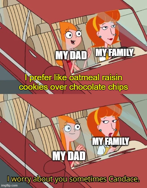 Helkp | MY FAMILY; MY DAD; I prefer like oatmeal raisin cookies over chocolate chips; MY FAMILY; MY DAD | image tagged in i worry about you sometimes candace | made w/ Imgflip meme maker