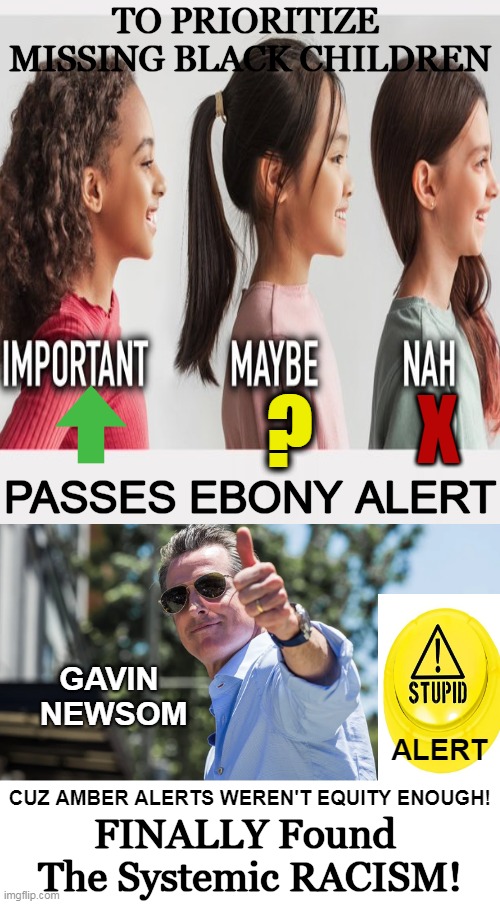 Gavin Newsome, making sure California can participate in systemic racism | TO PRIORITIZE 
MISSING BLACK CHILDREN; ? X; PASSES EBONY ALERT; GAVIN 
NEWSOM; ALERT; CUZ AMBER ALERTS WEREN'T EQUITY ENOUGH! FINALLY Found 
The Systemic RACISM! | image tagged in politics,political humor,california,ebony,alert,racism | made w/ Imgflip meme maker