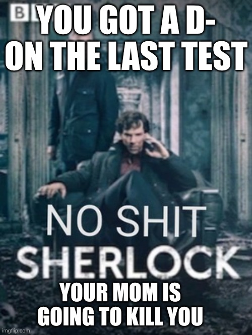 No shit Sherlock | YOU GOT A D- ON THE LAST TEST; YOUR MOM IS GOING TO KILL YOU | image tagged in no shit sherlock | made w/ Imgflip meme maker