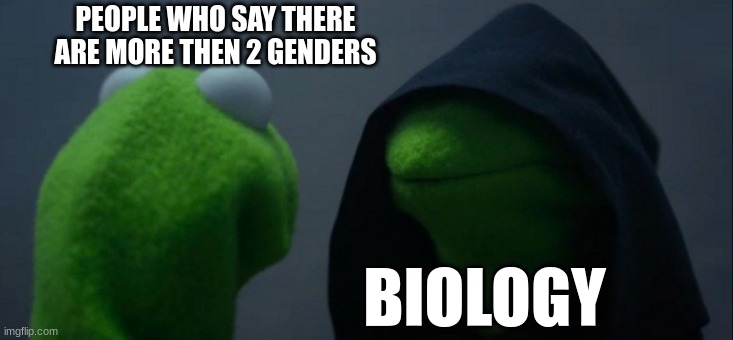 Evil Kermit | PEOPLE WHO SAY THERE ARE MORE THEN 2 GENDERS; BIOLOGY | image tagged in memes,evil kermit | made w/ Imgflip meme maker
