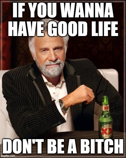The Most Interesting Man In The World Meme | IF YOU WANNA HAVE GOOD LIFE; DON'T BE A BITCH | image tagged in memes,the most interesting man in the world | made w/ Imgflip meme maker