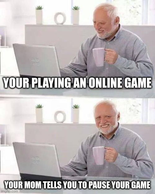 harold | YOUR PLAYING AN ONLINE GAME; YOUR MOM TELLS YOU TO PAUSE YOUR GAME | image tagged in memes,hide the pain harold | made w/ Imgflip meme maker