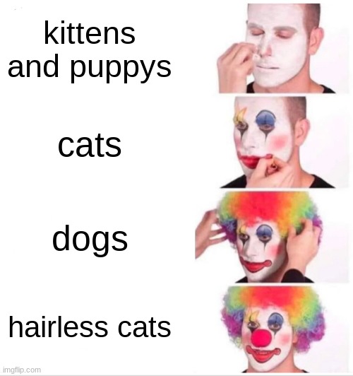 clown | kittens and puppys; cats; dogs; hairless cats | image tagged in memes,clown applying makeup | made w/ Imgflip meme maker