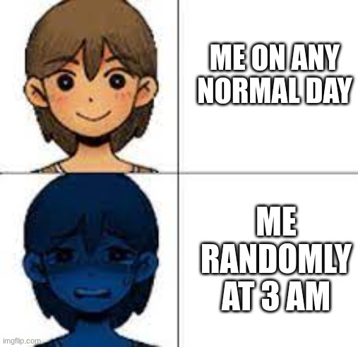 cry. | ME ON ANY NORMAL DAY; ME RANDOMLY AT 3 AM | image tagged in cry,omori,memes | made w/ Imgflip meme maker