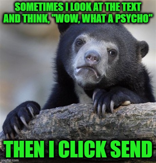 Dealing with Memery | SOMETIMES I LOOK AT THE TEXT AND THINK, "WOW, WHAT A PSYCHO"; THEN I CLICK SEND | image tagged in memes,confession bear | made w/ Imgflip meme maker