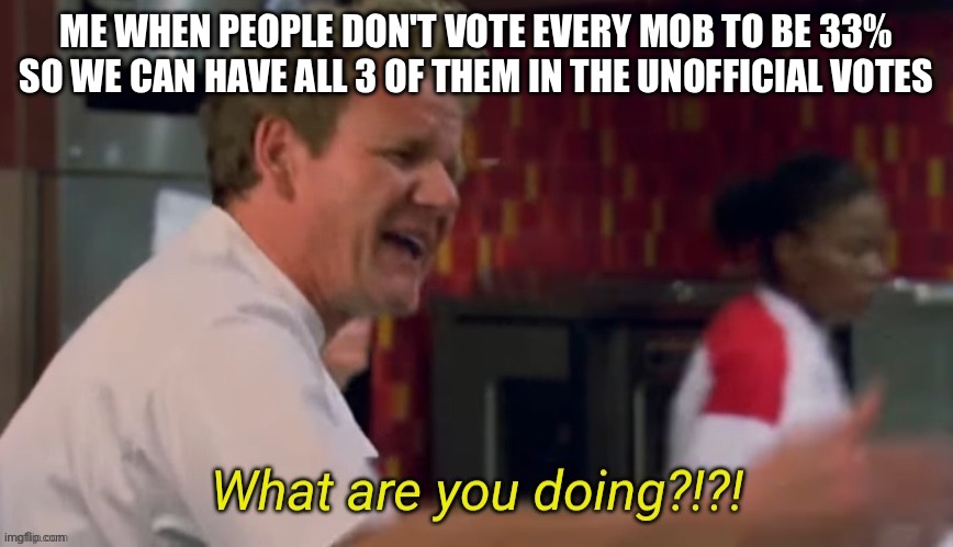 “What!” | ME WHEN PEOPLE DON'T VOTE EVERY MOB TO BE 33% SO WE CAN HAVE ALL 3 OF THEM IN THE UNOFFICIAL VOTES | image tagged in what are you doing,minecraft,memes | made w/ Imgflip meme maker