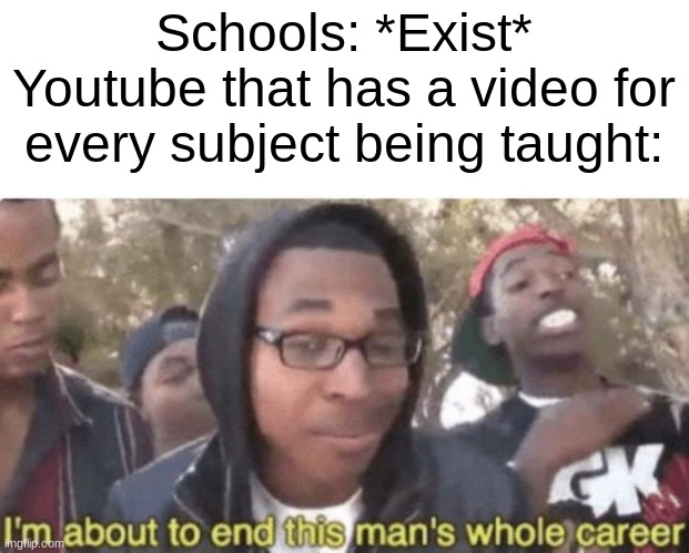 I am about to end this man’s whole career | Schools: *Exist*
Youtube that has a video for every subject being taught: | image tagged in true | made w/ Imgflip meme maker