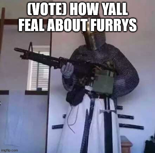 Crusader knight with M60 Machine Gun | (VOTE) HOW YALL FEAL ABOUT FURRYS | image tagged in crusader knight with m60 machine gun,crusader | made w/ Imgflip meme maker