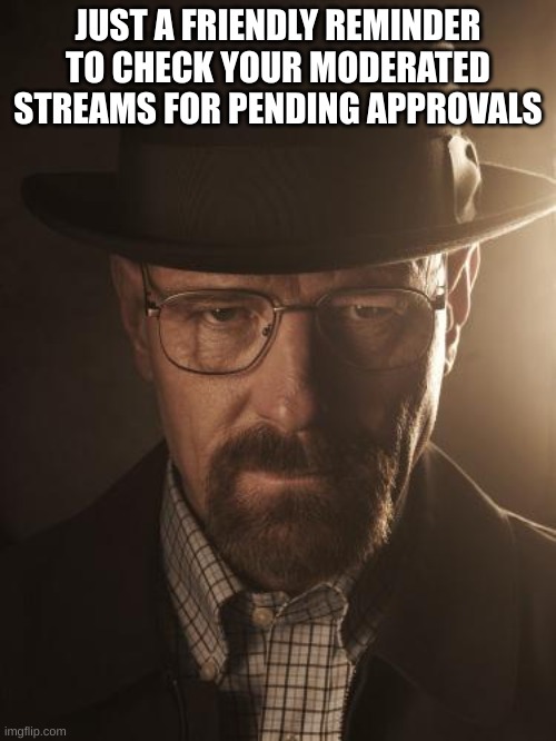 Walter White | JUST A FRIENDLY REMINDER TO CHECK YOUR MODERATED STREAMS FOR PENDING APPROVALS | image tagged in walter white | made w/ Imgflip meme maker