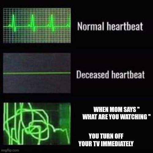 Mom checks up at you | WHEN MOM SAYS '' WHAT ARE YOU WATCHING ''; YOU TURN OFF YOUR TV IMMEDIATELY | image tagged in heartbeat rate | made w/ Imgflip meme maker