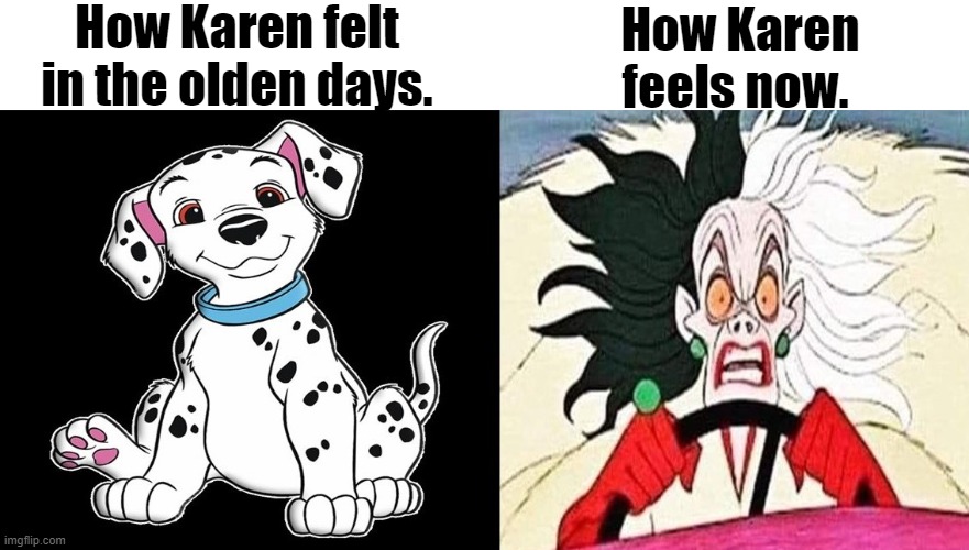 Old v New Karen | How Karen felt in the olden days. How Karen feels now. | image tagged in cruel,karen | made w/ Imgflip meme maker