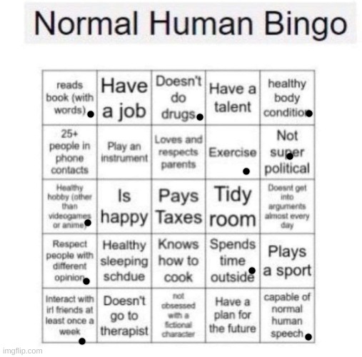 repost bcz i missed some parts | image tagged in normal human bingo | made w/ Imgflip meme maker
