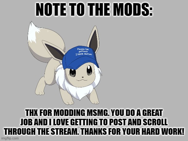 :D | NOTE TO THE MODS:; THX FOR MODDING MSMG. YOU DO A GREAT JOB AND I LOVE GETTING TO POST AND SCROLL THROUGH THE STREAM. THANKS FOR YOUR HARD WORK! | image tagged in e | made w/ Imgflip meme maker