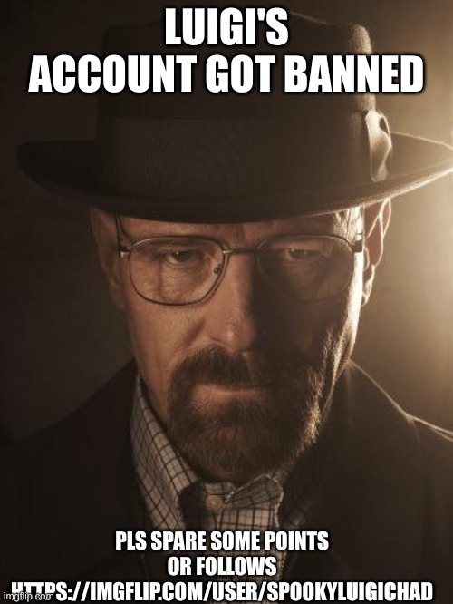 https://imgflip.com/user/SpookyLuigiChad | LUIGI'S ACCOUNT GOT BANNED; PLS SPARE SOME POINTS OR FOLLOWS
HTTPS://IMGFLIP.COM/USER/SPOOKYLUIGICHAD | image tagged in walter white | made w/ Imgflip meme maker