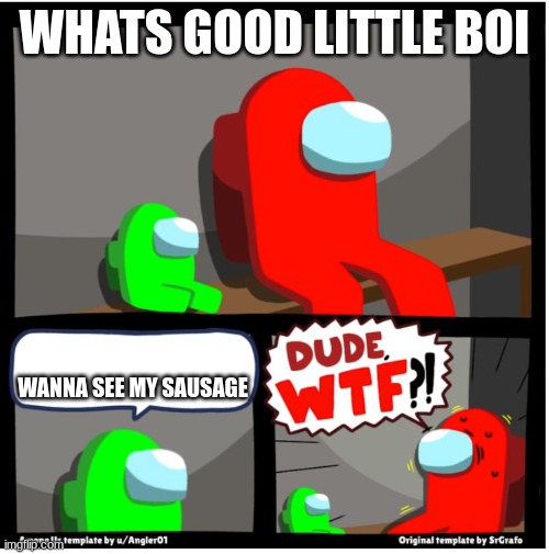 Among us Dude WTF | WHATS GOOD LITTLE BOI; WANNA SEE MY SAUSAGE | image tagged in among us dude wtf | made w/ Imgflip meme maker