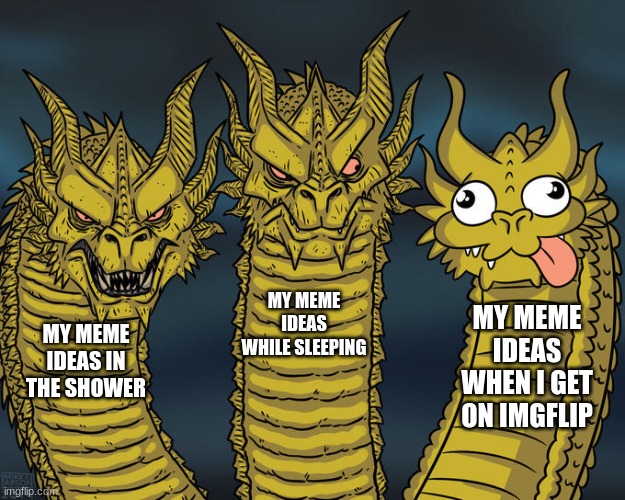 me right now: | MY MEME IDEAS WHILE SLEEPING; MY MEME IDEAS WHEN I GET ON IMGFLIP; MY MEME IDEAS IN THE SHOWER | image tagged in three-headed dragon | made w/ Imgflip meme maker