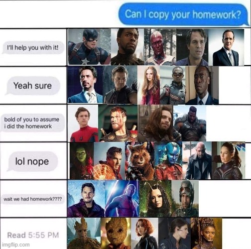 which one are you??? i'm with thor and bucky hahahaha | image tagged in marvel,school,homework,barney will eat all of your delectable biscuits,oh wow are you actually reading these tags | made w/ Imgflip meme maker