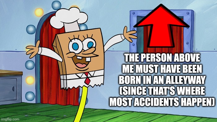 Chefbob | THE PERSON ABOVE ME MUST HAVE BEEN BORN IN AN ALLEYWAY (SINCE THAT'S WHERE MOST ACCIDENTS HAPPEN) | image tagged in spongebob,chefbob,the person above me | made w/ Imgflip meme maker